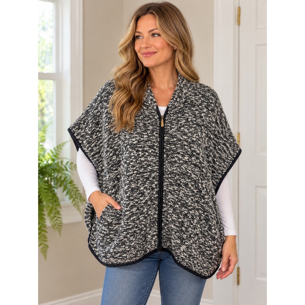 Le Moda Womens One Size Zip Front Poncho Marled Knit Black White Grandmacore